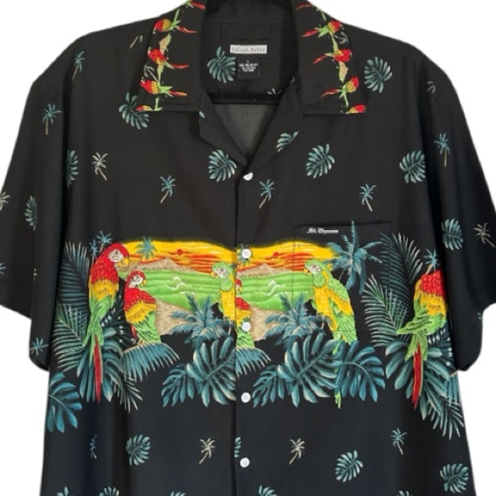 St Thomas Nelson Wear Black Tropical Parrot Print Men's Shirt Short Sleeve L
